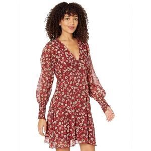 BCBGeneration NWT Red Floral Chiffon Mini Dress Long Sleeve V-Neck XS Fall Aline